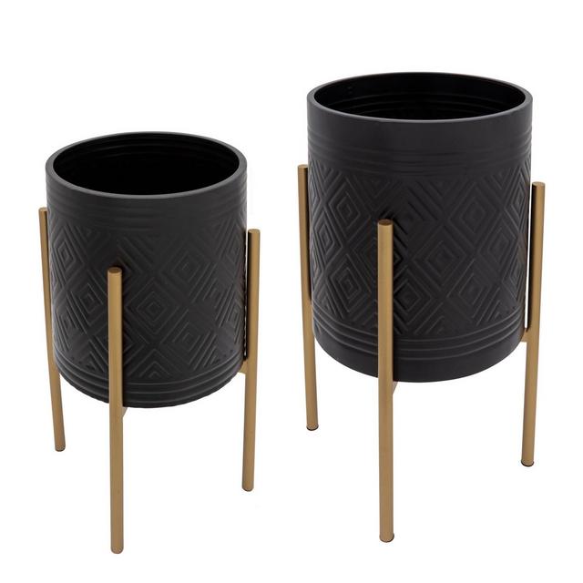 Set of 2 Aztec Planter on Metal Stand Black/Gold - Sagebrook Home