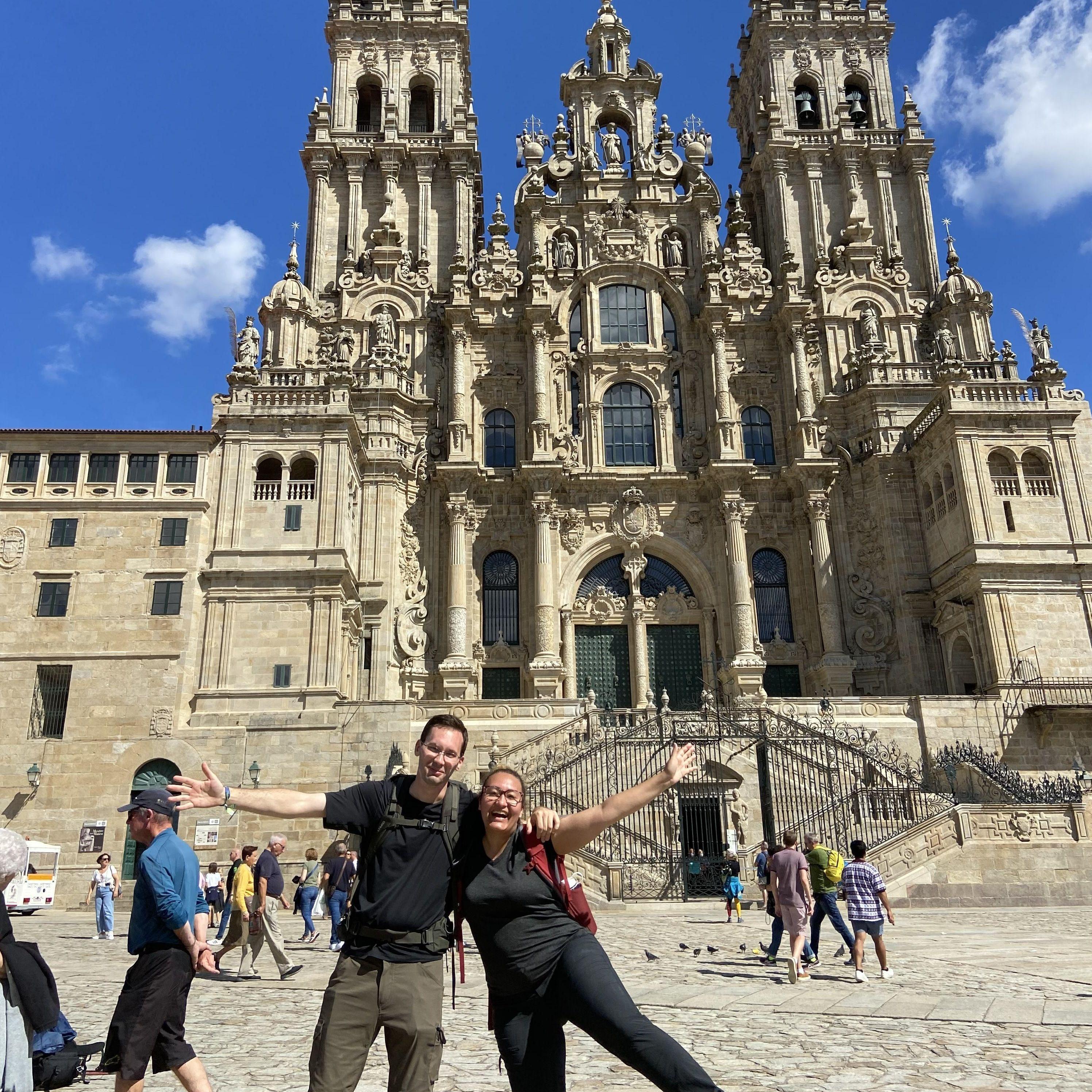 celebrating reaching the Cathedral at the end of the Camino de Santiago, Spain, 2022