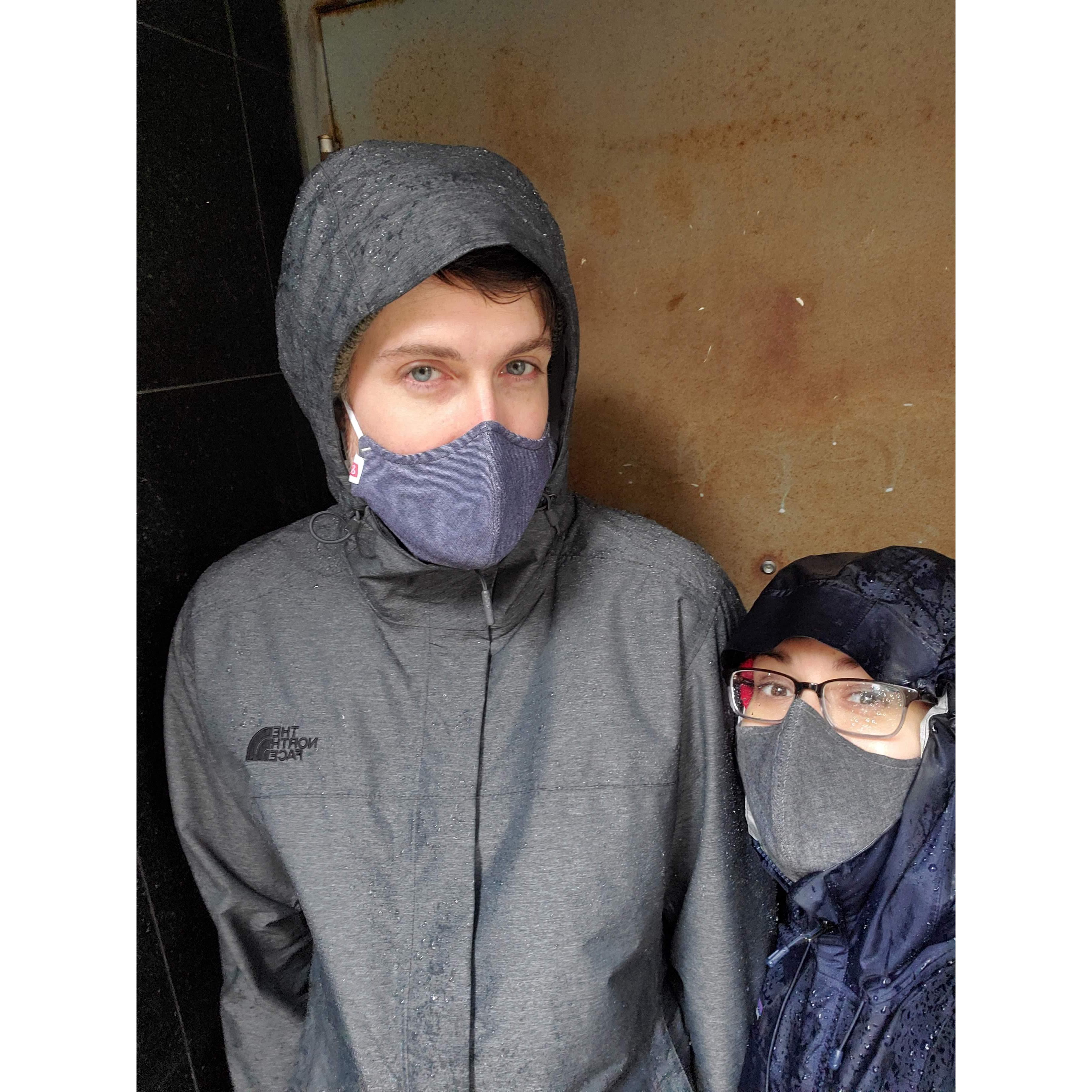 Huddling in the freezing rain in Boston - we'll always remember our first vacation out of state