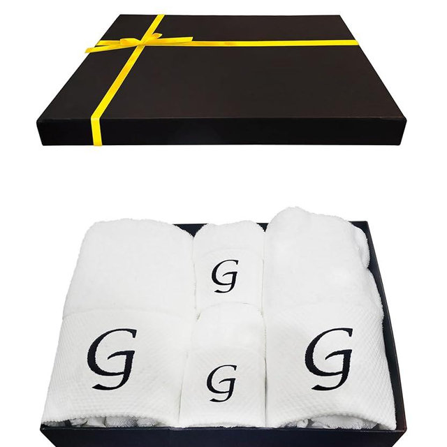 Luxury Monogrammed Towels Set - 4 Pack Soft Cotton Bath and Hand Towel Set - White Bath Towels for Hotel, Spa, Gym & Beach - Gifts for Men, Women, and Kids (Initial G, 4 Pack Gift Packaging)