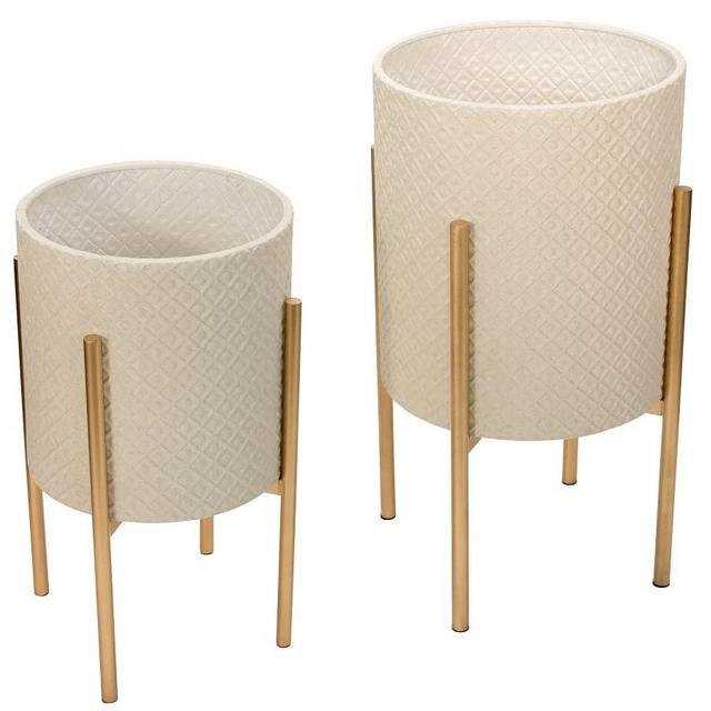 Leah White Patterned Raised Planters with Gold Stand, Set of 2