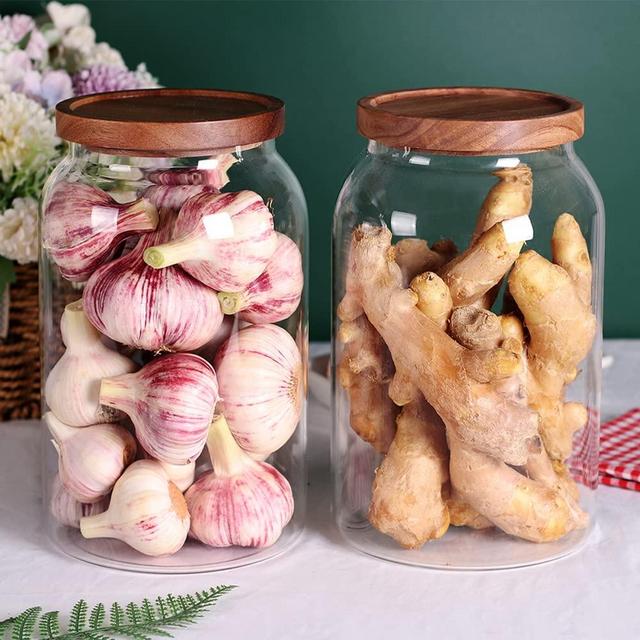 SAIOOL 1 Gallon Glass Jar with Wooden Acacia Airtight Lid,Large Glass Storage Jar set of 2 , BPA-Free Cereal Dispenser Jars for flour,Spaghetti Pasta, Powder, Tea, Coffee