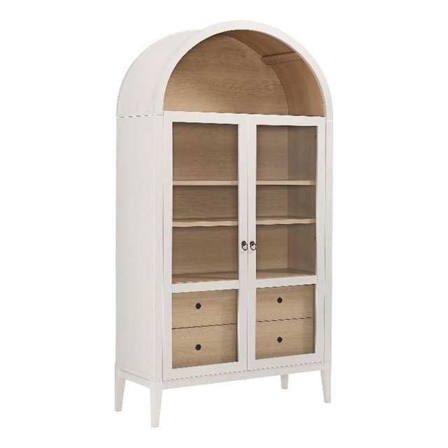 Modway Nolan Tall Arched Storage Display Cabinet in Ivory Oak - 74 Inch Arch Bookshelf with Glass Doors, Shelves and Drawers - Modern Accent Cabinet for Living Room, Dining Room