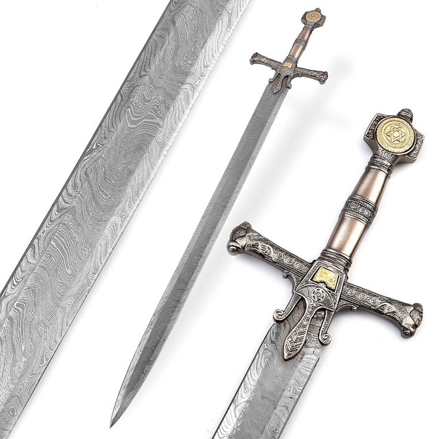 Hand Forged Damascus Steel King Solomon Crusader Sword with Sheath, Combat Sword, Medieval Knight/Templar Sword, Gifts for him/Father