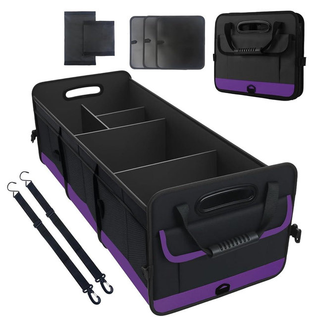 Trunk Organizer for Car, Sturdy Storage Organization with Non-Slip Bottom Strips, 95L Large Capacity Cargo Organizer for Suv, Truck, Sedan, Waterproof Portable Car Organizers for Women Men(Purple)