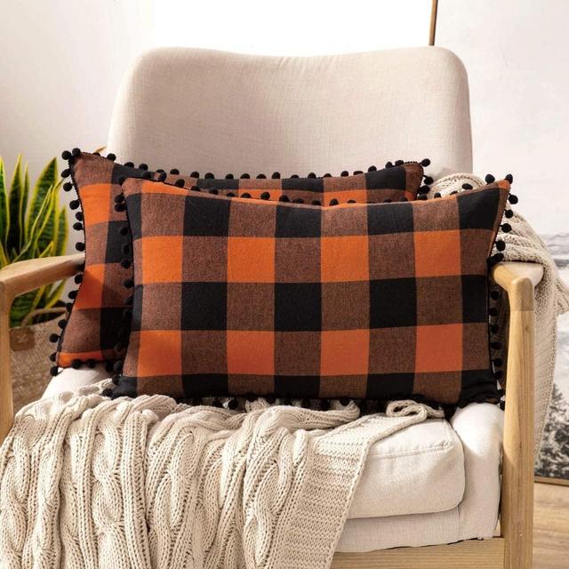MIULEE Set of 2 Retro Farmhouse Buffalo Plaid Check Pillow Cases with Pom-poms Fall Decorative Throw Pillow Covers Cushion Case for Halloween Sofa Couch 12x20 Inch Orange and Black