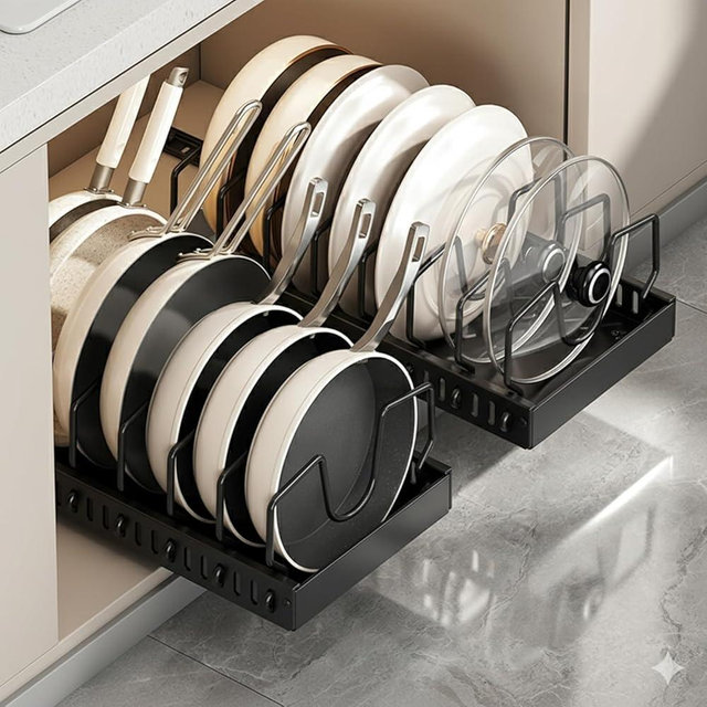 Mnftive pots and pans organizer under cabinet,pot lid organizers inside cabinet holders for kitchen,Horizontal and vertical pulling modes,cast iron storage (Black Vertical pull-out)