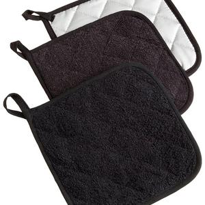 DII Cotton Terry Pot Holders, 7x7"  Set of 3, Heat Resistant and Machine Washable Hot Pads for Kitchen Cooking and Baking-Black