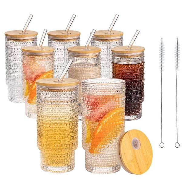 MRZIKPO Drinking Glasses with Bamboo Lids and Glass Straw 8pcs Set,16oz Glass Tumbler Cups,Water Glasses,Iced Coffee Glasses,iced Tea Glasses,Beer Glasses,Ideal for Whiskey,2 Brushes