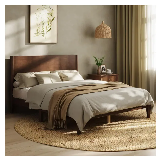 AMERLIFE Queen Solid Wood Platform Bed Frame with 38" Headboard, Wooden Slats, Dark Walnut