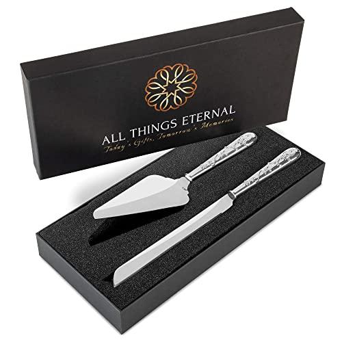Wedding Cake Knife and Server Set, Silver-Plated with Hand-Set Crystals - Decorative Cutting and Serving Utensils for Cakes, Pie - Wedding Accessories and Gifts for Bride and Groom
