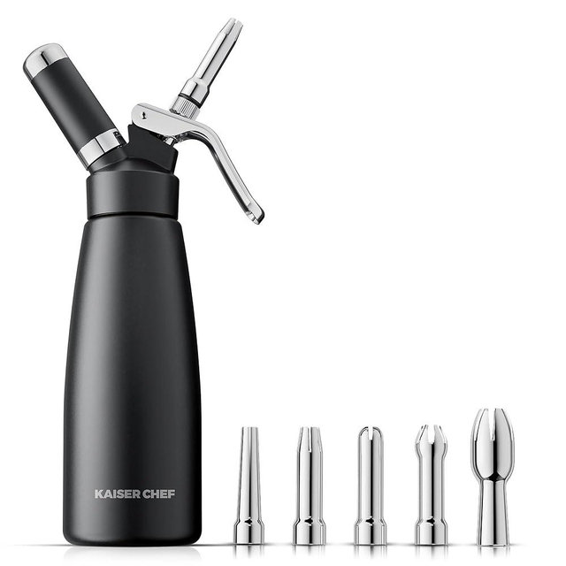Professional Aluminum Whipped Cream Dispenser - 500 mL/1 Pint,Leak-Free Whipped Cream Maker Canister with 5 Decorating Nozzles & Cleaning Brush - N2O Chargers (Not Included) (Black, 500ml)