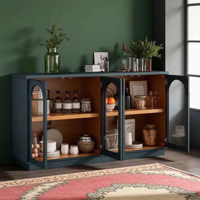 Polibi 4-Door Arched Glass Buffet Cabinet with Adjustable Shelves & Rebound Doors, Navy
