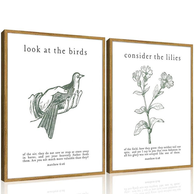 Framed Christian Wall Art Set – Matthew 6:26 “Look at the Birds” & “Consider the Lilies” Catholic Scripture Prints – Inspirational Bible Verse Wall Decor for Home, Church, Bedroom, Living Room12x16 Inches