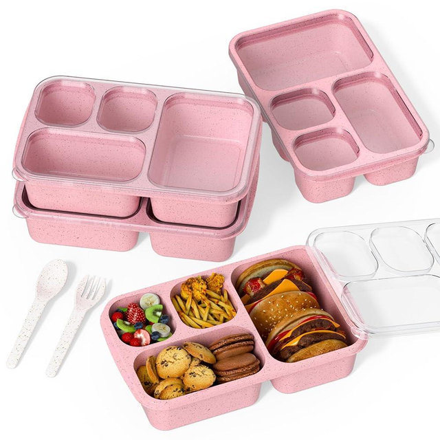 Large Capacity Bento Box for Adults, 4-Piece Set – Stackable Lunch Box with 4 Compartments, Microwave & Dishwasher Safe, Reusable Meal Prep Containers, Snack Containers for Kids & Adults (Pink)