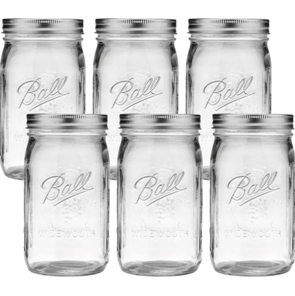 32 oz, Wide - Ball Wide Mouth Glass Mason Jars with Lids and Bands, Used for Canning, Pickling, Juice, Jam, Jelly, Quart Size 32 Ounce (Pack of 6)