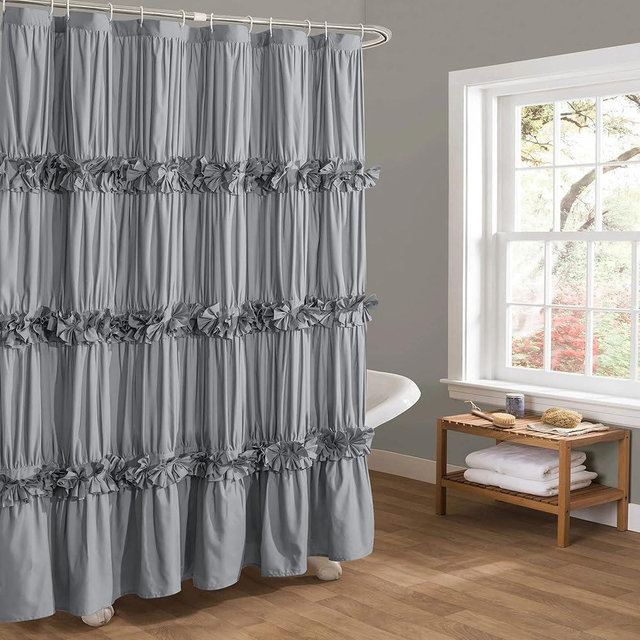 Homechoice Decor Victorian Ruffle Shower Curtain, Vintage Handcrafted Bow Tie Bath Curtain for Master Bathroom, Ruched Microfiber Bathroom Curtain with 12 Buttonholes, 72" W x 72" H, Gray (LQ-10)