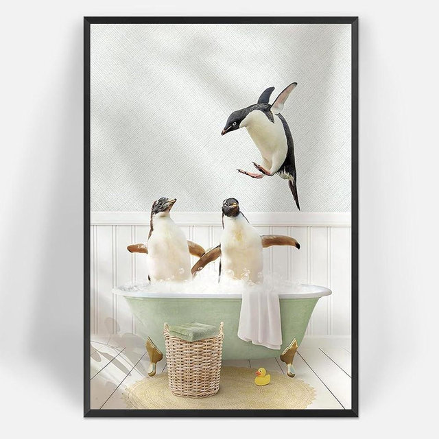 Funny Bathtub Penguin Wall Art Funky Penguin Penguin Yellow Duck Canvas Posters Retro Humor Animal Prints Painting For Bathroom Restroom Toilet Wall Decor 8x12in Framed