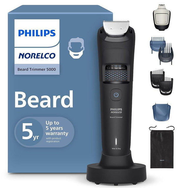 Philips Norelco Beard Trimmer 5000 Series, Men's Face Trimmer, 100% Waterproof BeardSense Tech, Precision Trimmer with Fading Combs, Self-Sharpening Blades, Hair Collector & Charging Stand, BT5785/40