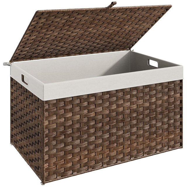 HOOBRO Storage Basket with Lid, 42.3 Gallon (160L) Wicker Basket, Handwoven Blanket Storage Basket with Handles, Metal Frame and Soft Lining, Foldable for Bedroom, Laundry Room, Brown BR216CW01