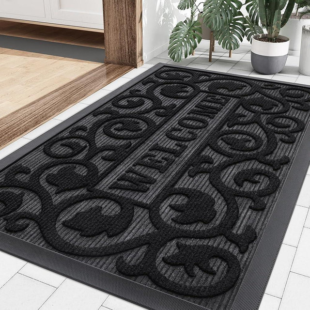 Smiry Welcome Door Mat Outside Entrance, Heavy Duty Trap Dirt and Moisture Easy Clean Low Profile Patio Porch Indoor Outdoor Front Doormat for Entry, 29.5x17 Inch, Black/Welcome