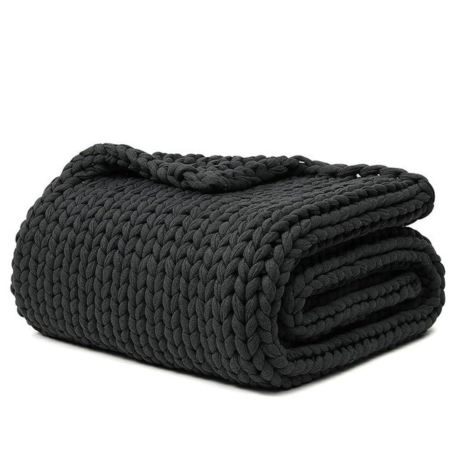 YnM 100% Cotton Weighted Blanket, Handmade Chunky Knitted Throw, No fillers Design, Soft and Breathable, Machine Washable Bed Blanket for Sleep or Home Decor (Dark Grey, 50x60 Inch, 15lbs)