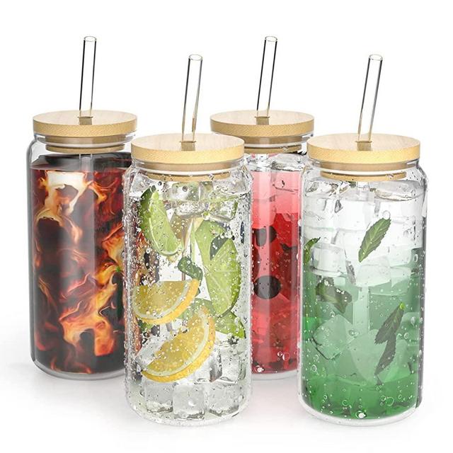 Finew 4pcs Glass Cups with Glass Straws and Bamboo Lids, 16oz Beer Can Shaped Drinking Glasses Cups, Iced Coffee Glasses, Ideal for Whiskey, Soda, Tea, Wine, Cocktail, Milk- 2 Cleaning Brushes