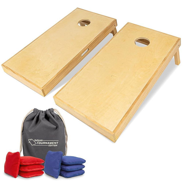 GoSports 4 ft x 2 ft Commercial Grade Cornhole Boards Set - Includes 8 Regulation Tournament Style Bean Bags - Natural or Light Brown