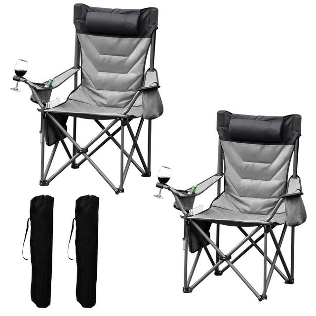 GustoWave Oversized Camping Chair, Heavy Duty Lawn Chair with Cooler Bag, Steel Frame Collapsible, Quad Lumbar Back Folding Chair, Single 2PC