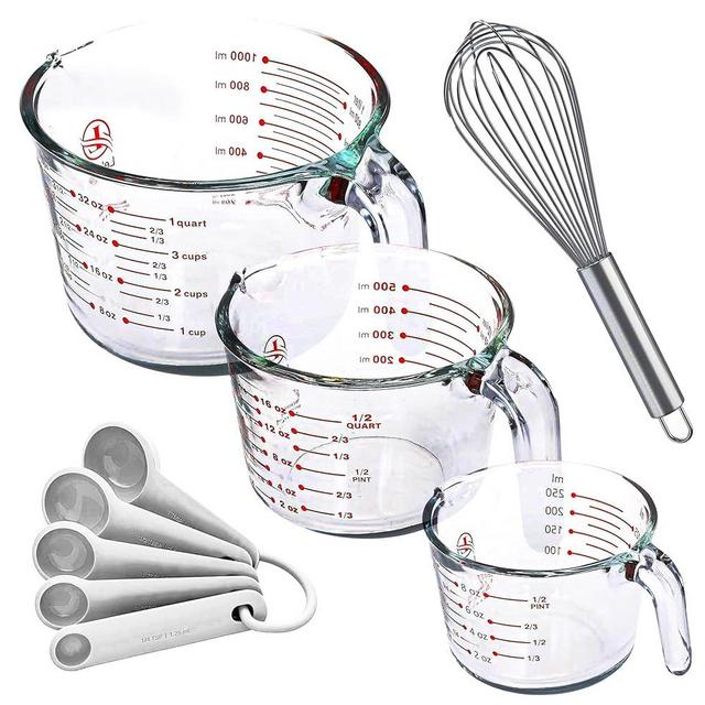 Set of 3 Glass Measuring Cups with Measuring Spoons & Whisk - Kitchen Mixing Bowl Liquid Measure Cup, Glass Tupperware Bakeware. 1 cup, 2 cup, 4 cup.