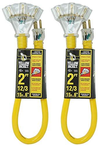2-Pack - Yellow Jacket Extension Cord, 3-Outlet, Lighted Power Block - 2 Feet, 12/3 Heavy-Duty Contractor Grade, 15 Amp.