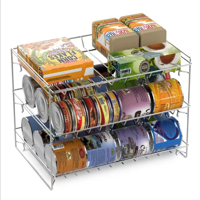Hastings Home 3-Tier Can Dispenser Organizer Rack - Storage Accessory for Kitchen Pantry, Countertops, and Cabinets - Chrome