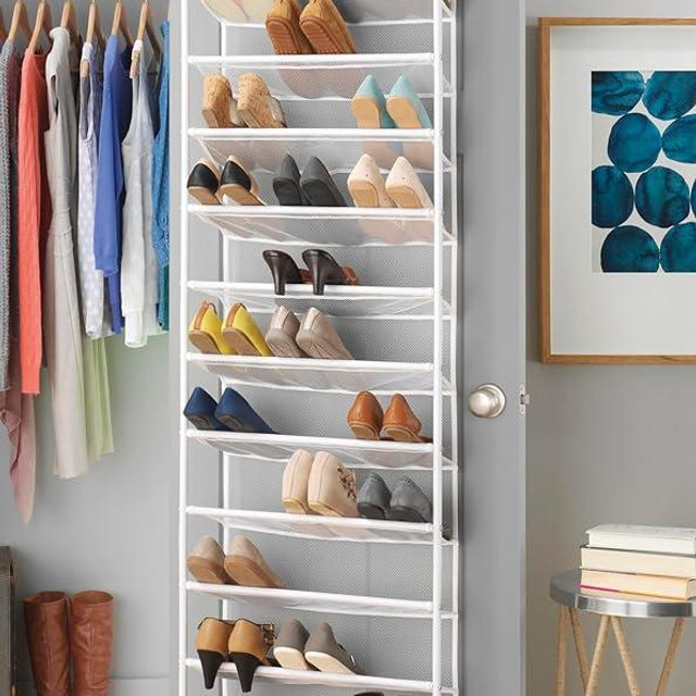 Whitmor 36 Pair Over The Door Shoe Rack, 12 Tier Hanging Shoe Organizer, Heavy Duty Metal & Mesh Shoe Holder, Hanging Shoe Rack for Closet Organizer & Storage, 69" L x 21.7" W x 7.5" H, White