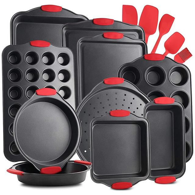 EatEx Nonstick Carbon Steel Bakeware Set-15-Piece Tray Set with Silicone Handles Oven Safe Cookie Sheets, Baking Pans, Cake Loaf, Muffins & Bread Pan & More, Black