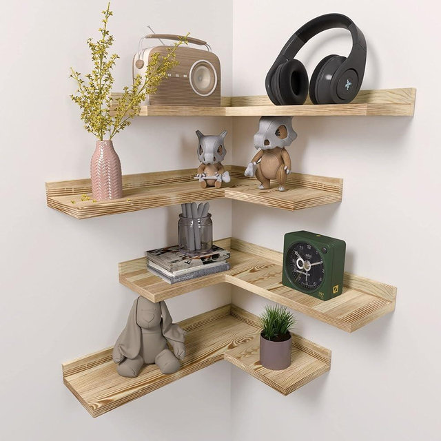 4 Tier Corner Floating Shelves Set of 4, Rustic Pine Wood Corner Shelves for Wall Storage and Decor, L-Shaped Corner Wall Mounted Shelf for Bedroom, Living Room, Bathroom, Kitchen - Carbonized Black