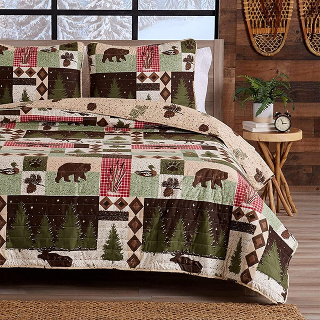 3-Piece Reversible Rustic Lodge Bedspread King Size Quilt with 2 Shams. All-Season Quilt Set. Wilder Collection (King)