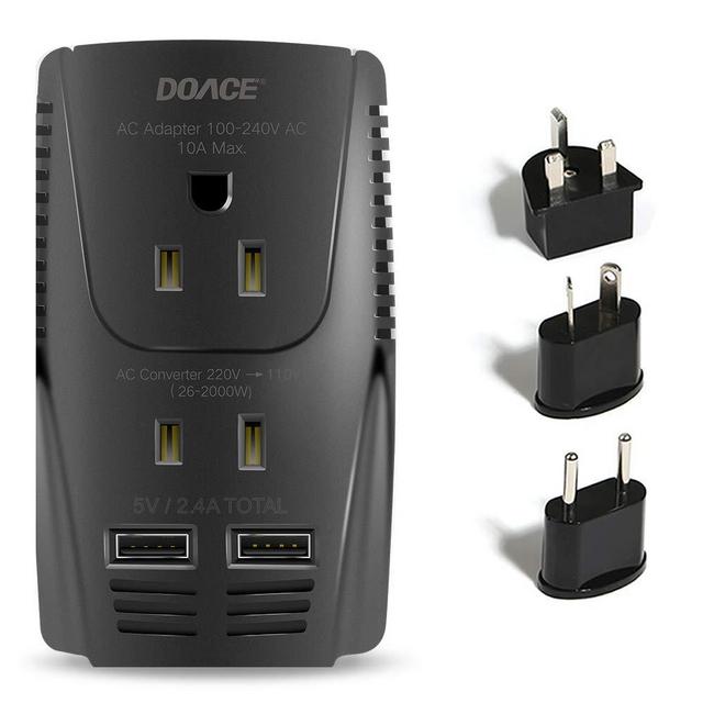 Upgraded DOACE C11 2000W Travel Voltage Converter for Hair Dryer Straightener Curling Iron, Step Down 220V to 110V, 10A Power Adapter with 2 USB and EU/UK/AU/US Plugs for Laptop Camera Cell Phone