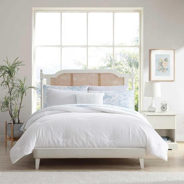 Laura Ashley - King Comforter Set, Embossed Diamond Textured Bonus Bed Set, Includes Comforter, Shams, Bed Sheets and Decorative Pillow, Dorm Essentials (Margaret White, King)