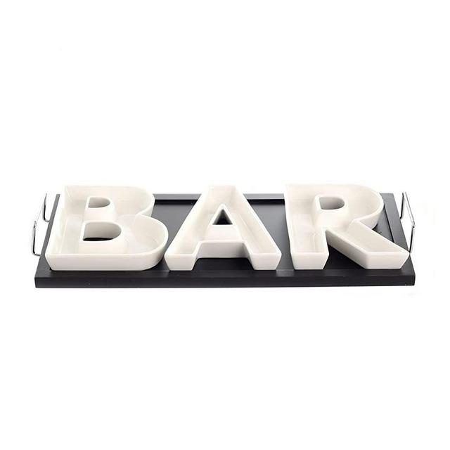 Red Vanilla Bar Serving Dishes with Wooden Tray, 13" by 7", White