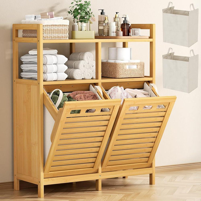 Homykic Tilt Out Laundry Hamper Cabinet, Bamboo Double Laundry Hamper with 2 Removable Laundry Baskets, 20 Gal Laundry Sorter Organizer with Shelf for Dirty Clothes, Bathroom, Laundry Room, Natural