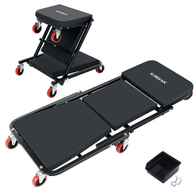 KROAK Creeper, 40 Inches 2 in 1 Z Creeper Seat 350 lbs Capacity Garage Chair Adjustable Rolling Folding Car Creeper with 6 pcs 3“ Wheels,Lay Down or Sit for Garage, Shop, Auto Repair Black