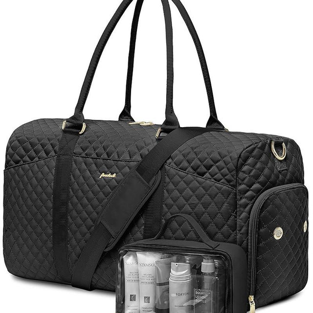 Women Weekender Travel Duffle Bag: Travel Duffel Overnight Bags with Shoe Compartment Large Carry on Tote with Toiletry Bag Weekend Traveling Yoga Gym Hospital Bag for Women with Wet Pocket Black