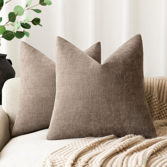 Foindtower Pack of 2 Soft Textured Throw Decorative Pillow Covers Square Accent Solid Cushion Cover Cozy Farmhouse Pillow Case with Zipper for Couch Sofa Bedroom Living Room 18x18 Inch, Taupe