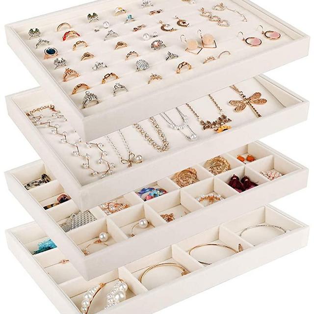 Mebbay Stackable Velvet Jewelry Trays Organizer, Jewelry Storage Display Trays for Drawer, Earring Necklace Bracelet Ring Organizer, Set of 4 (Warm White)