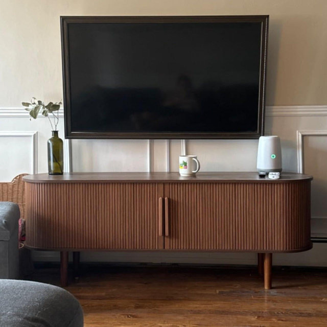 Wooden TV Stand, Modern TV Console Table with Storage Compartment and Sliding Door, Gaming Entertainment Center with Cabinet for Living Room
