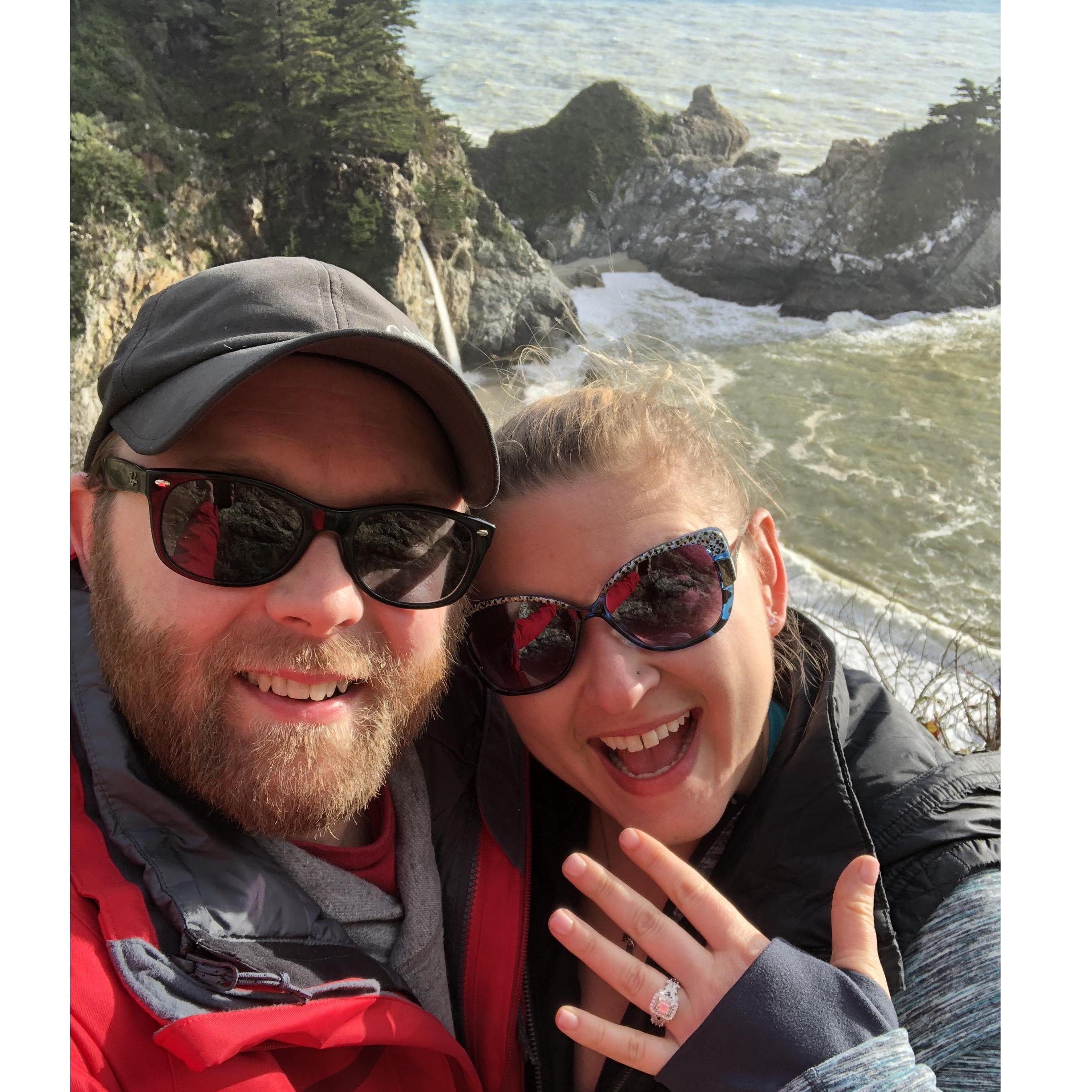 Our first picture as an engaged couple in Big Sur