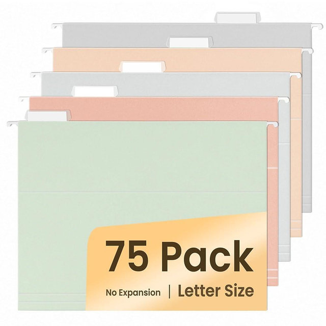 SUNEE Hanging File Folders, Pastel Colors - 75 Pack, Colored File Folders Letter Size with 1/5-Cut Tabs, Ideal for Organizing Home and Office Documents