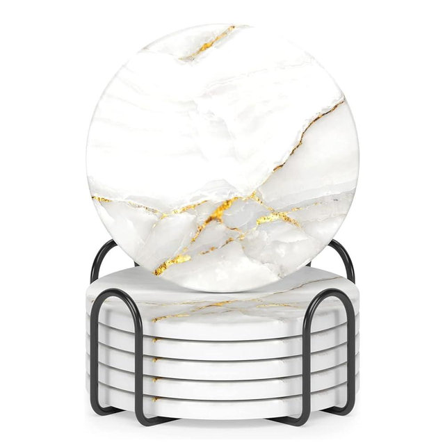 ZJNAYZF Coasters Set of 6 with Holder - Marble Design Ceramic Drink Coasters, Cork Backing for Table Protection, Absorbent & Non-Slip, Modern Home Bar Accessories（4 Inch,White-Gold）