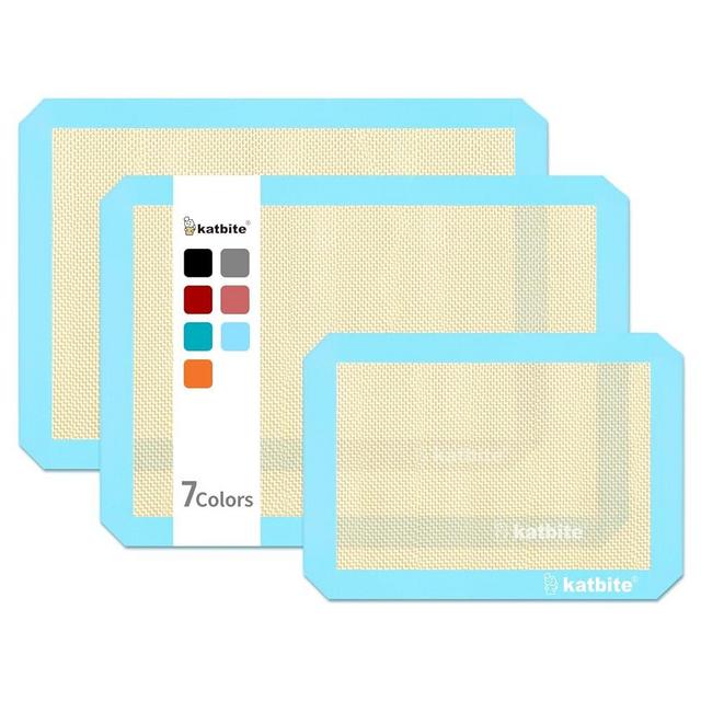 Katbite Silicone Baking Mat Colorful Collection - Set of 3: 2 Half Sheets Mats (11 5/8" x 16 1/2") + 1 Quarter Baking Sheet, Reusable & Nonstick Bakeware Mats for Cookies, Macarons, Bread (Light Blue)