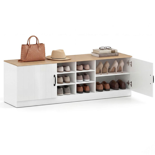 Costway 2-Door Shoe Bench wirh Adjustable Shelves & 6 Compartments, Hidden Storage Space Natural+White